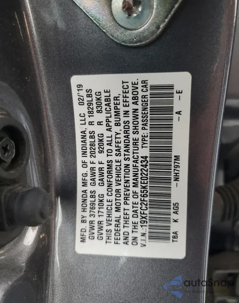 2019 Honda Civic Lx из США, поврежденный, VIN 19XFC2F65KE022434